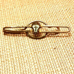 Vintage Religious Money Tie Clip Cross Design Gold-Tone Metal Blue Enamel Accent